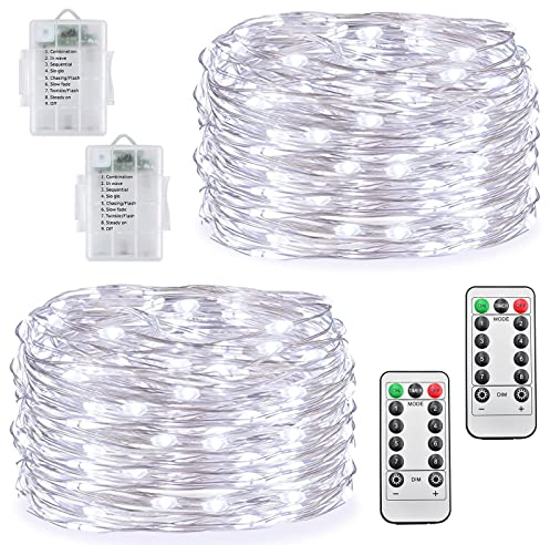 Livired Lucine Led a Batteria 2Pezzi, 10M 100LED Stringa Luci Led Natale Interno con Telecomando & 8 Modalità, per Natalizie Camere Natale Interni e Esterni, Casa, Feste (Bianco)