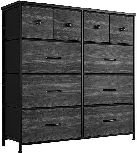 Nicehill Dresser for Bedroom with 10 Drawers, Storage Drawer Organizer, Tall Chest of Drawers for Closet, Clothes, Kids, Baby, Living Room, Wood Board, Fabric Drawers(Black Wood Grain)