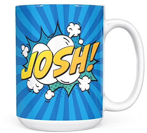 Mug Monster - Personalised Name Mug, Comic Super Hero Customised Gift with Text - Ceramic Coffee Mug/Cup, Gift for Men or Women, Extra Large and Giant Mug Available, 15oz White Mug, Blue