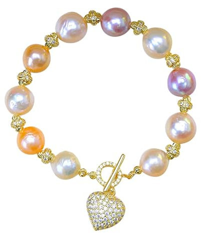 HUGE TOMATO Bracelet de perles véritables baroques roses en or 14 carats pour bijoux de mariage, 20 cm, Argent sterling, Perle