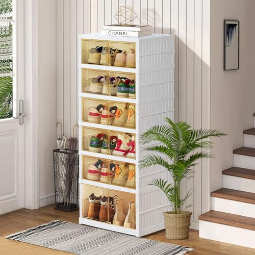 AOHMPT Shoe Box Foldable Storage Box Installation-free Clear Plastic Stackable Shoe Storage Cabinet Shoe Organizer Shoe Container Box with Lids Large Size Shoe Rack (6 layers single row)