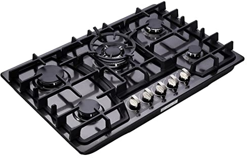 Hotfield - Cocina de gas de 30 pulgadas, acero inoxidable, 5 quemadores, doble combustible, estufa de gas NG/LPG, tapa de estufa de gas convertible, acero inoxidable HF57013B