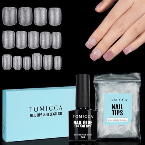 TOMICCA 150Pcs Square Nail Extension Kit - 4-in-1 Base Gel & Glue with Full Cover Tips | Beginner Friendly Salon Set, Easy DIY Matte Nails Gift for Women/Girls