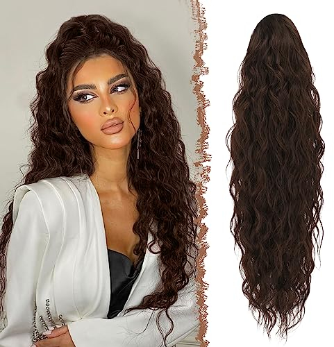 FESHFEN Lange Zopf Pferdeschwanz Haarextension mit kordelzug Lang Wellig Lockig Dunkelbraun Synthetik Haarverlängerung Natürliches Clip in Haarteil Ponytail Kunsthaar Haarzopf für Damen 65cm