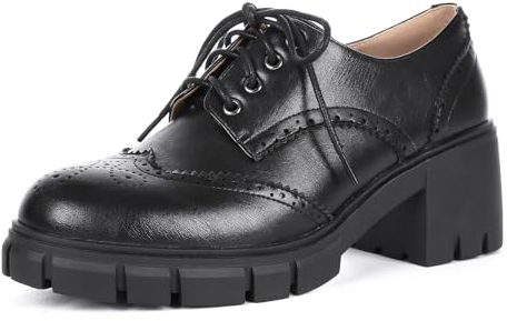 ErikenUrben Plateau Oxford Schuhe Damen Chunky Heel Vintage Schnürhalbschuhe Oxfords Wingtip Schuhe Lug Sole Gemütlichable Arbeit Business Pumps Schnüren Black Große 39