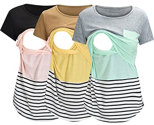 3er Pack Stillshirt Damen Umstandsmode Kurzarm Rundhals T-Shirt Bluse Stillkleidung Umstandsshirt Nursing Umstandstop Schwangerschaft Kleidung Stilltop Basic Oberteil Kariertes Hemd (02-Grey, M)