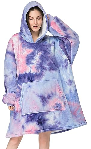 Nayoroom Übergroße Hoodie Sweatshirt Decke Damen Herren Blanket Hoodie Kuscheldecke mit Ärmeln Super Warme Pullover Decke mit Kapuze Flanell Tragbare Decke Riesen Kapuzenpullover Tie Dye Lila