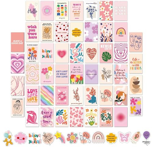 Wandcollagen Aesthetic Deko Poster Set Ästhetisches Bild für Wandcollage Collage Print Kit Postkarte Wandkunst Collagen Kit Ästhetische Vintage Bild Poster für Zimmer Foto Display (Rosa)
