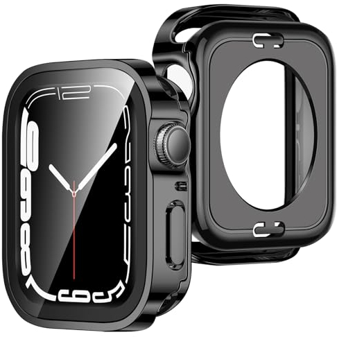 ZZDZZ [2 Pezzi] 2 in 1 Cover Compatibile con Apple Watch Series 9 8 7 45mm con Vetro Temperato, Rigida PC 360 Protezione Completa Custodia Protettiva per iWatch 45mm (Nero)