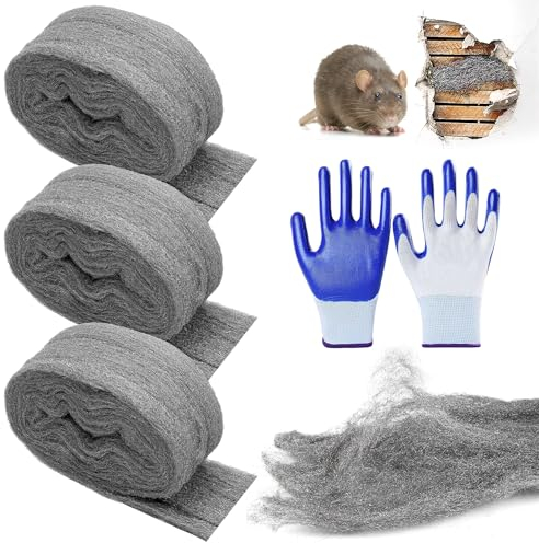3 Pièces Paille de Fer Laine d'Acier Laine de Verre Laine d'Acier Anti Rongeur Fines Grade 0000 Livré Avec Une Paire de Gants De Travail pour Nettoyage Polissage Entretien et Finition du Bois
