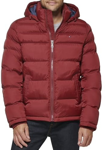 Tommy Hilfiger Men's Down Alternative Hooded Puffer Jacket (Standard and Big & Tall) Coat, New Matte Red, L