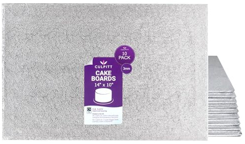 Culpitt 14 x 10 (25.5cm) Silver Cake Boards, Oblong - 10 Pack | 3mm Hardboard, 35.5 x 25.5cm Each, Fits 11 x 7 Fruit Cake Or 12 x 8 Sponge, Lightweight Yet Strong