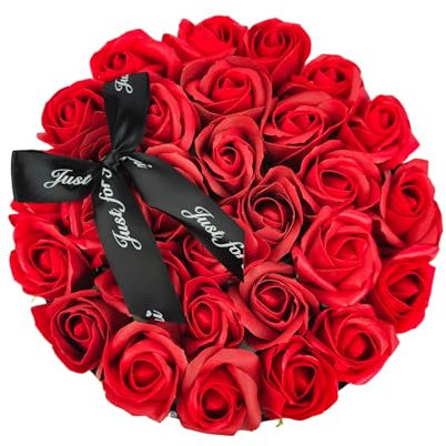 Tecnokit Box tondo Rose rosse stabilizzate artificiali bouquet di 29 rose perenni, confezione mazzo di rose per San Valentino, cm 23x23x14 scatola in cartone rosso
