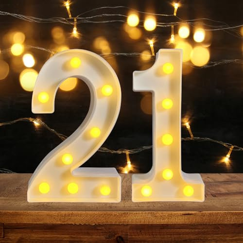 ZUOKEMY 21th Birthday LED Light up Numbers for Party Decoration, Night Lit Anniversary Background Home Decoration (Number 21, White)