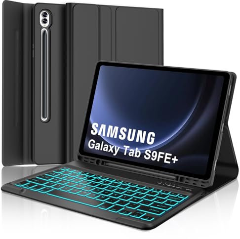 Teclado y Funda para Samsung Tab S9 FE+ 12.4, Bluetooth Retroiluminado Desmontable con Ñ Español, Negro