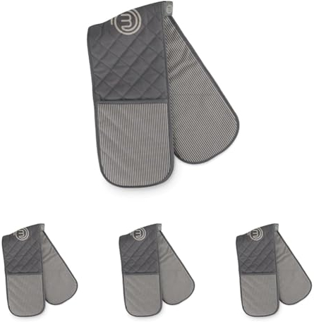 MasterChef Oven Gloves Heat Resistant, Double Oven Gloves Made from Cotton with Official Show Logo & Hanging Loop, Attached Oven Mitts, Machine Washable, Heat Proof Pot Holders for the Kitchen, Earth