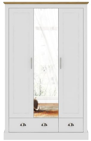 Galano Sufy 3 Door Wardrobe with Mirror – Bedroom Storage Cabinet with Hanging Rail & Drawers – Minimalist Furniture Unit – White – 112.5 x 56.3 x 181.5cm