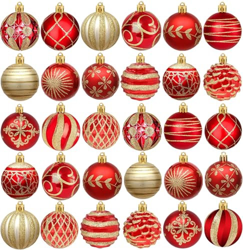 30 Stück Weihnachtskugeln Weihnachtsdeko Set Rot Gold 6cm,15 Designs Christbaumkugeln Box mit Aufhänger, Christbaumschmuck Weihnachtsbaumschmuck