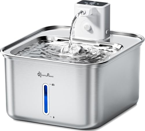 DownyPaws Fontaine à Eau INOX, sans Fil avec Détecteur de Mouvement et Pile, 3L, Facile à Nettoyer, Super Silencieux