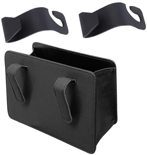 OPVXZAD Leder Auto Mülleimer Klein mit 2 Multifunktionaler Haken,Tragbarer Faltbarer Mülleimer für Car,Mehrzweck Hängend Auto Kofferraum Organizer,Car Zubehör innenraum,Schwarz
