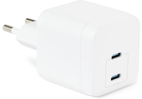 Amazon Basics USB-C-Wandladegerät mit Nano-GaN-Technologie und Schnellladefunktion, 35W, 2 Anschlüsse für Tablets/Telefone, Weiß