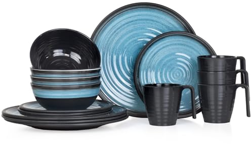 Melamin Camping Geschirr Set 1-4 Personen I 4-32 Teilig I Tasse I Schüssel I Gläser I Teller Set I Picknick BBQ Kochgeschirr I Stone Red Green Curry Blue Grey