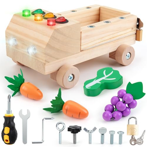 Sundaymot Busy Board, Jouet Enfant 3 Ans Comprenant Un Camion Enfant en Bois Rempli de Fruits et Légumes, avec Serrure à Clé, Vis et Lumière LED, Jeux Educatif Montessori 3 Ans