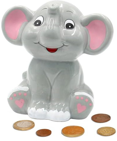 Sparfigur, Spartier, Spardose, Sparbüchse, Kinderspardose, Sparschwein als Elefant in grau, aus Keramik mit wiederverschließbarem Gummistopfen, L/B/H 14 x 9 x 13 cm.