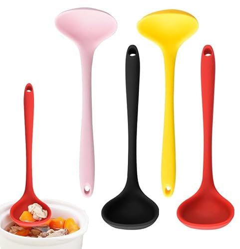 Sipiris 4 Stück Schöpflöffel Aus Silikon Suppenkelle Silikon Flexibel Soßenlöffel Küchenhelfer Set (Rot Schwarz Rosa Gelb)