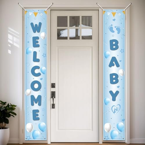 Koliphy Willkommens-Baby-Dekorationen, Willkommens-Baby-Tür-Banner, Hand-Banner für Babyparty, Empfang, Babyparty, Kindergeburtstagsdekoration, Junge (blau)
