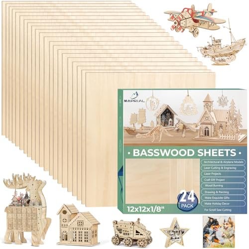 24 Pack 12x12x1/8 Inch Basswood Sheets, MAPRIAL Smooth 3mm Plywood for Laser Cutting, Unfinished Wood Board for Engraving, Wood Burning, Painting, Crafts, Ornaments, Models, Cutter, Engraver, Gifts
