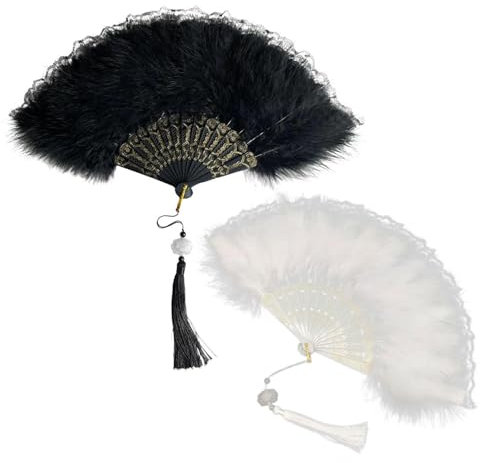 CQQNIU 2 Pieces Lace Feather Fans, Ele Feather Fans, Retro Fans, Photo Props, Decorative Fans, Role Play Accessories