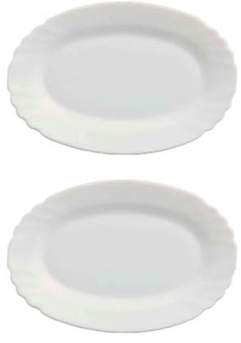 Tradineur - Pack de 2 fuentes ovaladas de vidrio opal - Bordes Ondulados - Bandejas para servir, extra resistentes, diseño clásico, aptas para lavavajillas, cocina, hostelería (Blanco -22 x 15 cm)