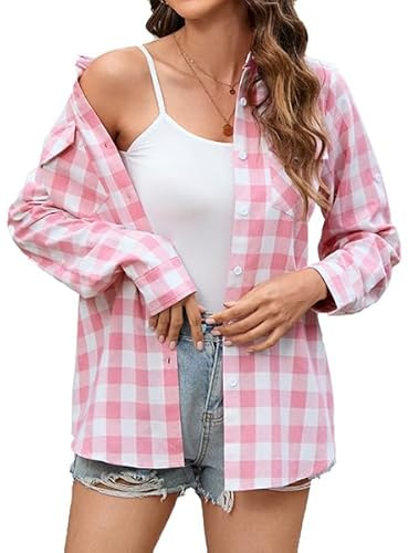 Stamain Women's Pink Checked Shirt Long Sleeve Casual Ladies Plaid Top Button Down Fitted Check Shirt for Women UK Outdoor Blouse Top Roll Up with Pockets 2XL