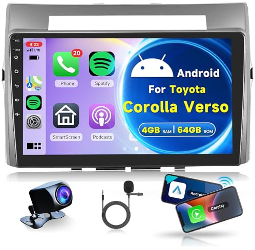 4G+64G Wireless Carplay Android 13 Autoradio 2 Din für Toyota Corolla Verso 2004-2009 mit Wireless Android Auto Navi GPS WiFi 9 Zoll Autoradio mit Mirror Link Bluetooth FM/RDS 32EQ SWC Rückfahrkamera