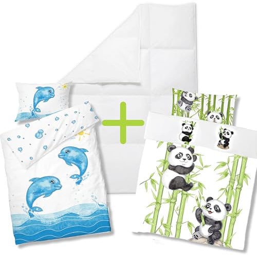 Koru Kids® Kinder Daunendecke 100x135 cm – Set mit 2 Kinderbettbezügen Panda und Delfin 100x135 + 40x60 cm – Ganzjahres Kinderbettdecke – Allergiker geeignet – Baby Bettdecke Kinder 100 x 135