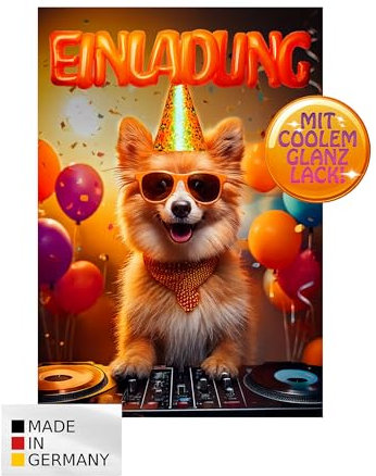TheMunique® Hund Welpe glänzende Einladungen Kindergeburtstag Mädchen und Jungen – 12 Stück – Lustige Party Tiere Geburtstag Einladungen mit besonderem Glanzlack – Einladungskarten Kids & Teenies