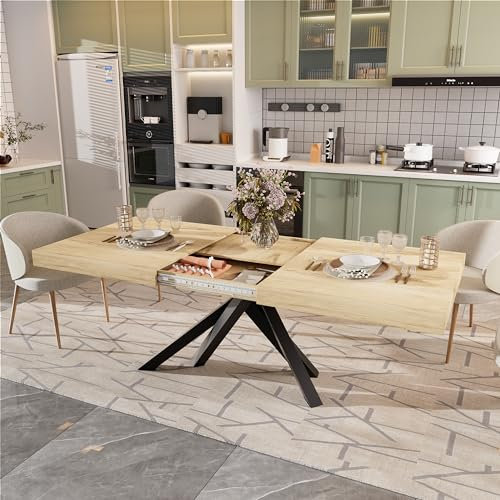 Mesa de Comedor Extensible Estilo Industrial Mesa Extensible Cocina Madera 120CM x75CM x70CM + 1 Extensiones de 30cm Rústica Mesa de Comedor o Cocina Rectangular con Patas de Hierro en Forma de X