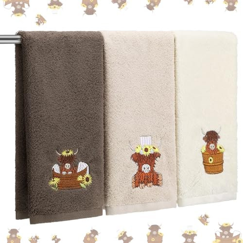 Fanfanwin 3 Stück Highland Cow Handtücher Bauernhaus Kuh dekorative Badetücher lustig Bestickt 100% Baumwolle weich saugfähig Dekor für Urlaub Küche Badezimmer 35,8 x 75,1 cm