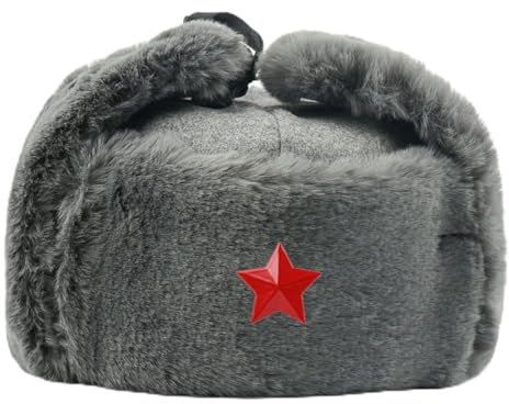 PXPLDYY Russische Mütze Sowjetische Armee Militärabzeichen Russland Uschanka Bombermütze Pilot Trapper Trooper Mütze Winter Kunstpelz Ohrenklappen Herren Schneekappen, Grau Roter Stern, 56–60 cm