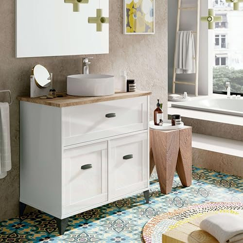 Miroytengo Mueble de Baño Siena Estilo Nórdico en Color Blanco Soft y Roble Cambrian con 1 Cajón y 2 Puertas (Lavabo Cerámico)