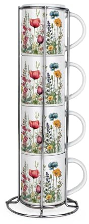 Purely Home Wildflowers Stacking Mugs Set - Floral Presents for Her - Set of 4 Small Ceramic Mugs Gift Set with Metal Stand
