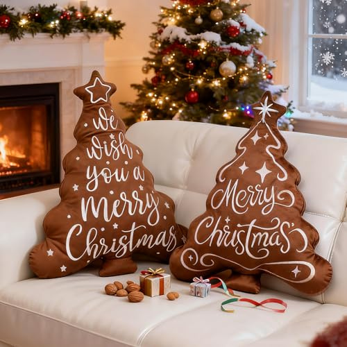 Lanpn 2 Stück Weihnachtsbaum Kissen Weihnachtskissen, Frohe Weihnachten Weihnachts Kissen Dekokissen Flauschiges Zierkissen für Geschenk Party Bett Sofa Couch Weihnachtsdeko (Braun, 41x53cm)