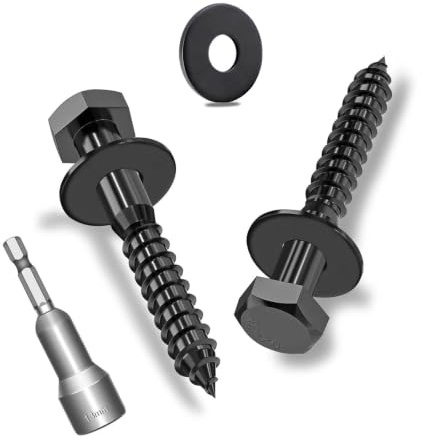 Ezitruz Lot de 12 vis à bois hexagonales M8 x 40 mm avec rondelles, vis hexagonales noires en acier inoxydable A2V2-DIN571, vis à clé avec rondelles et clé à douille