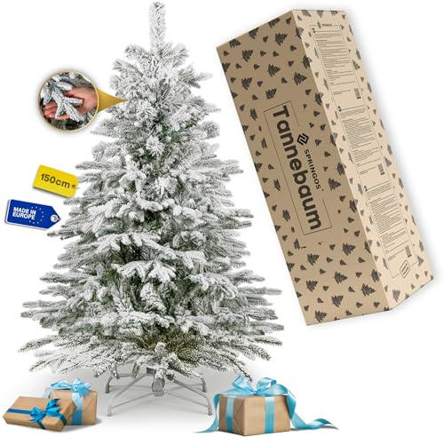 Springos Weihnachtsbaum künstlich 150cm auf Stamm Schneebedeckt – Natürliche Fichte künstlich mit 206 Spitzen & stabilem Metallständer, Christmas Tree Christbaum kunsttanne klein für Winterdeko