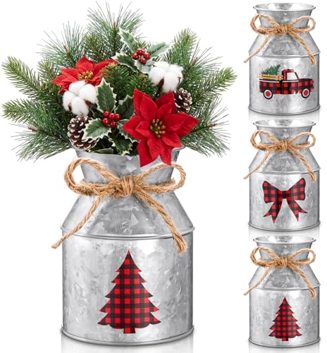 Domensi 3 Pcs Christmas Metal Flower Vases Decor 5.12 Inch Farmhouse Galvanized Xmas Tree Truck Milk Can Jug with Bow Buckets Rustic Vase for Table Centerpiece Kitchen Home Xmas Party Decor (Iron)