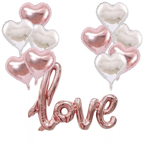 Gleemix Hochzeit Folienballon Set, XXL Love Ballon und 10 Stück 18 Zoll Herzluftballons, Love Folienballon Herz, Romantische Luftballons Silber Roségold,für Hochzeit,Brautparty, Muttertag,Valentinstag