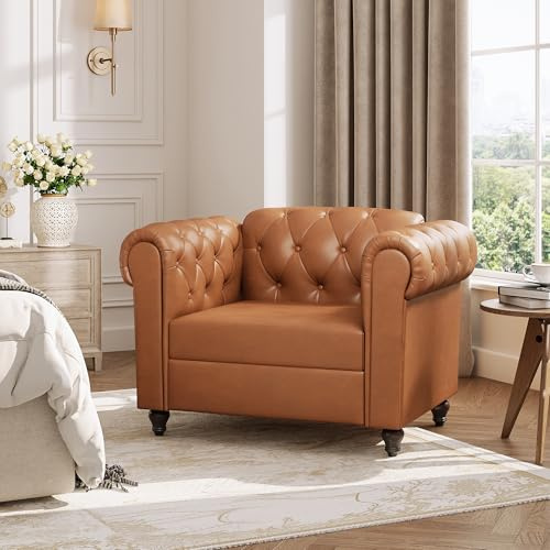 Brown Faux Leather Accent Chairs, Button-Tufted Upholstered Club Chair Retro Armchairs, Mid Century Modern Accent Chair with Solid Wood Legs, Cozy Chesterfield Couch Chairs for Living Room, Bedroom