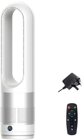OIWERH Bladeless Tower Fan with Air Purifier, 56cm, 4000-5600rpm Bladeless Fan, Tower Fan with Remote, Silent Towers Fans, Tower Fans Cooling Quiet Bedroom, 8h Timer, 80° Oscillation (A-silver)