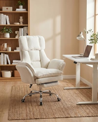 Amveya Ergonomischer Bürostuhl Gaming Stuhl Weiß aus Bouclé-Stoff | Schreibtischstuhl mit verstellbaren & klappbaren Armlehnen 135° Liegefunktion Fußstütze breite Sitzfläche für Schneidersitz